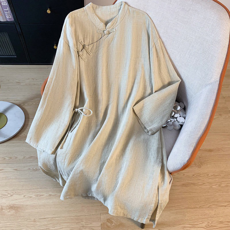 Buddha Stonesカジュアル レディース 無地 フロッグボタン スタンドカラーデザイン 長袖 コットンリネン シャツ - ベージュ - US8-10，UK/AU12-14，EU40-42 (2XL) - image 11