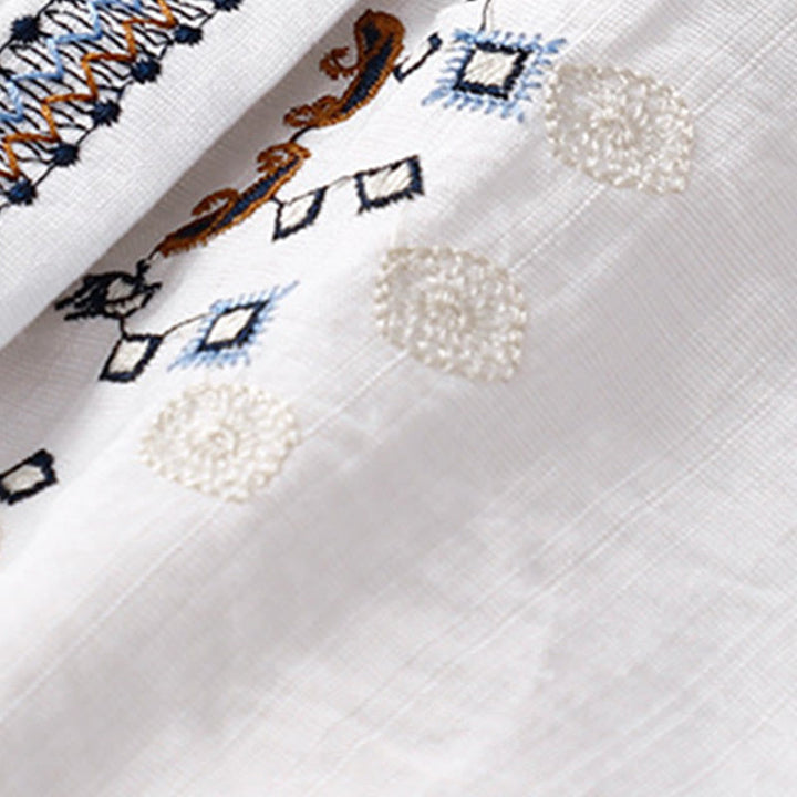 Buddha Stonesカジュアル レディース ボヘミア 刺繍 花 Vネックデザイン 半袖 コットンリネン シャツ - image 4