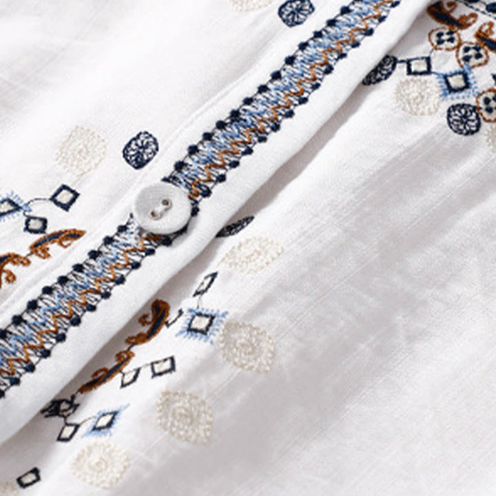 Buddha Stonesカジュアル レディース ボヘミア 刺繍 花 Vネックデザイン 半袖 コットンリネン シャツ - image 3