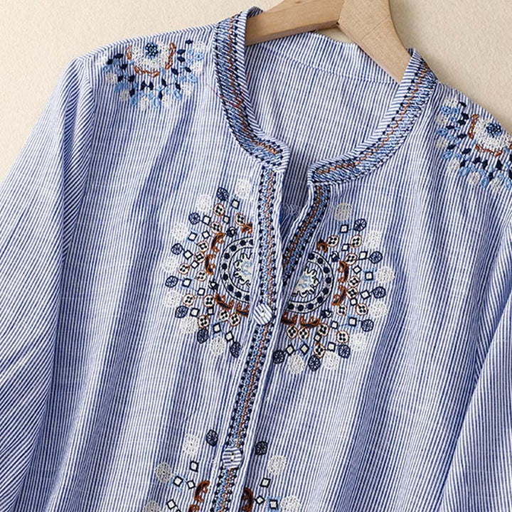 Buddha Stonesカジュアル レディース ボヘミア 刺繍 花 Vネックデザイン 半袖 コットンリネン シャツ - image 7