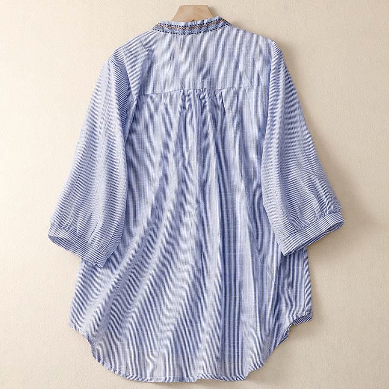 Buddha Stonesカジュアル レディース ボヘミア 刺繍 花 Vネックデザイン 半袖 コットンリネン シャツ - image 6