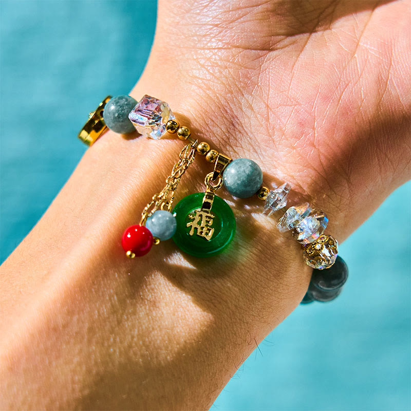Buddha Stones ストロベリークォーツ＆翡翠 福チャーム付き ヒーリングブレスレット