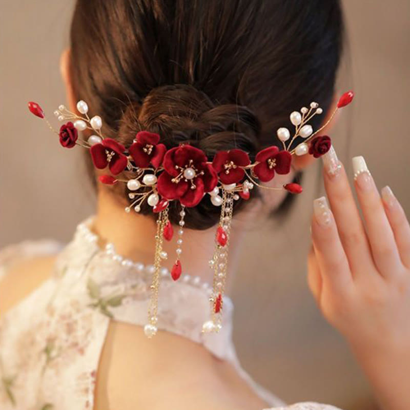 Buddha Stones中国東洋ウェディングブライダル 赤いバラのヘアクリップ