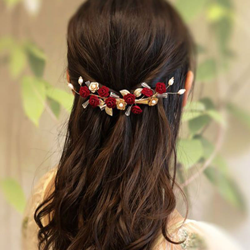 Buddha Stones中国東洋ウェディングブライダル 赤いバラのヘアクリップ