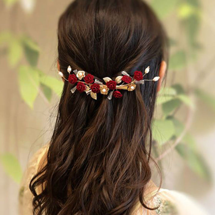 Buddha Stones中国東洋ウェディングブライダル 赤いバラのヘアクリップ