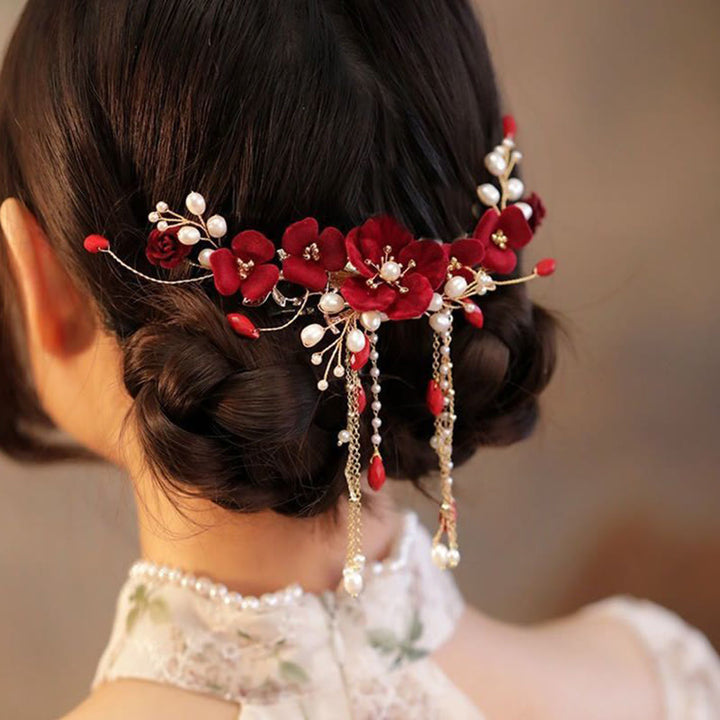 Buddha Stones中国東洋ウェディングブライダル 赤いバラのヘアクリップ