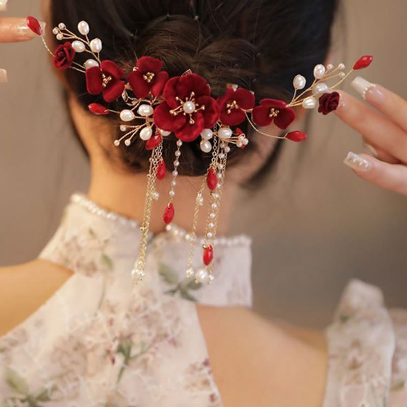 Buddha Stones中国東洋ウェディングブライダル 赤いバラのヘアクリップ