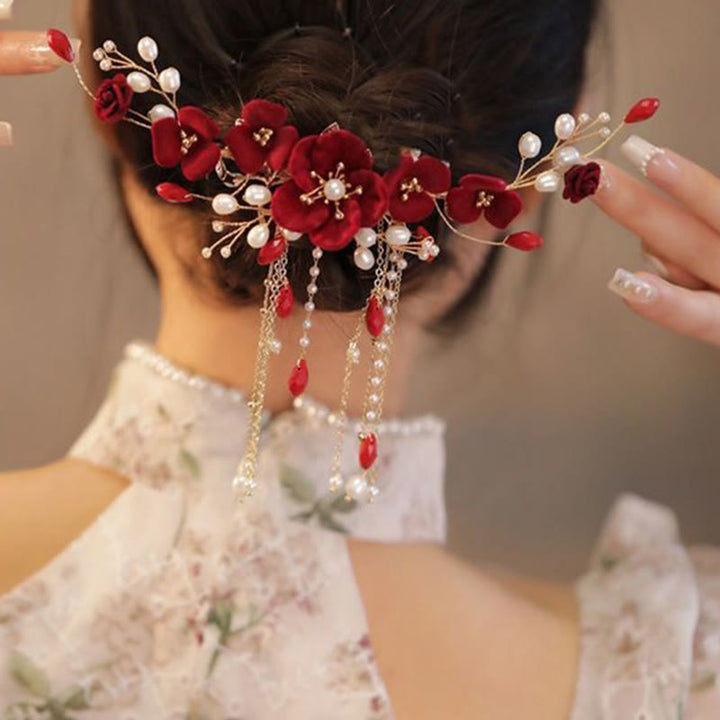 Buddha Stones中国東洋ウェディングブライダル 赤いバラのヘアクリップ