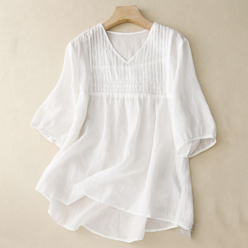 Buddha Stonesカジュアル 無地 ゆったり レディース Vネック ハーフスリーブ シャツ - 白 - US12、 UK/AU16、 EU44 (2XL) - image 10