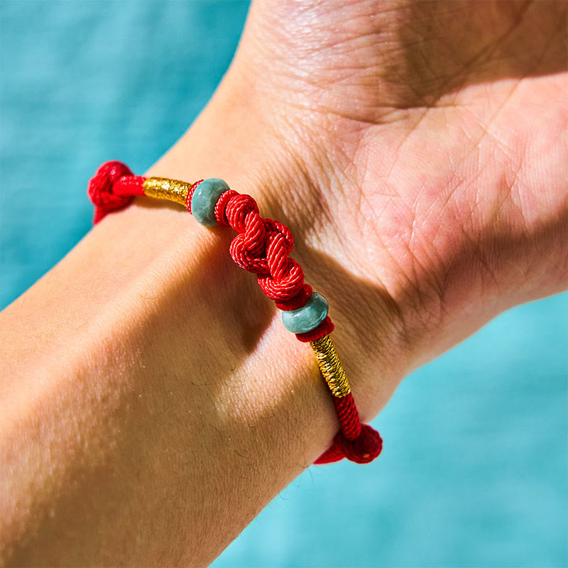 Buddha Stones 赤い糸 カップルブレスレット 翡翠入り 開運 編み紐 ペアアクセサリー