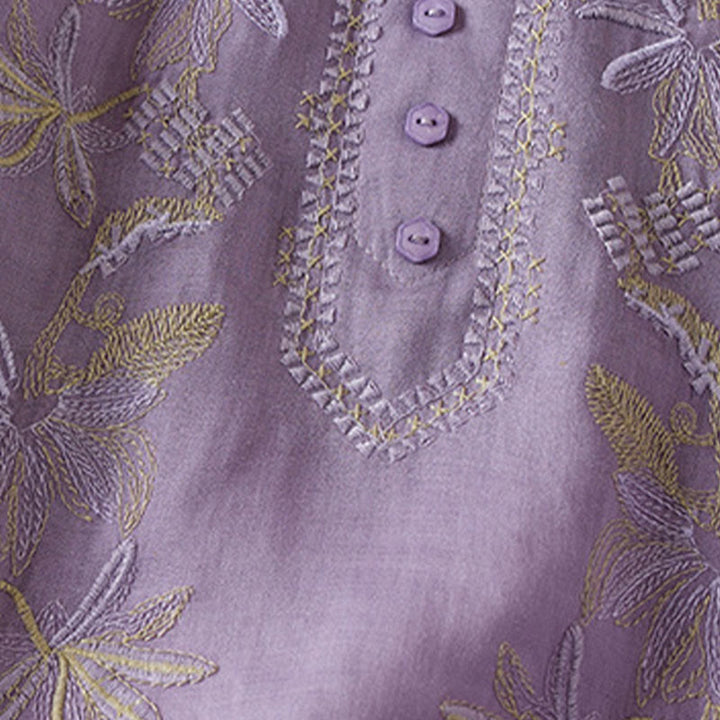 Buddha Stonesカジュアル 刺繍 植物 レディース Vネックデザイン 半袖 コットン混紡シャツ