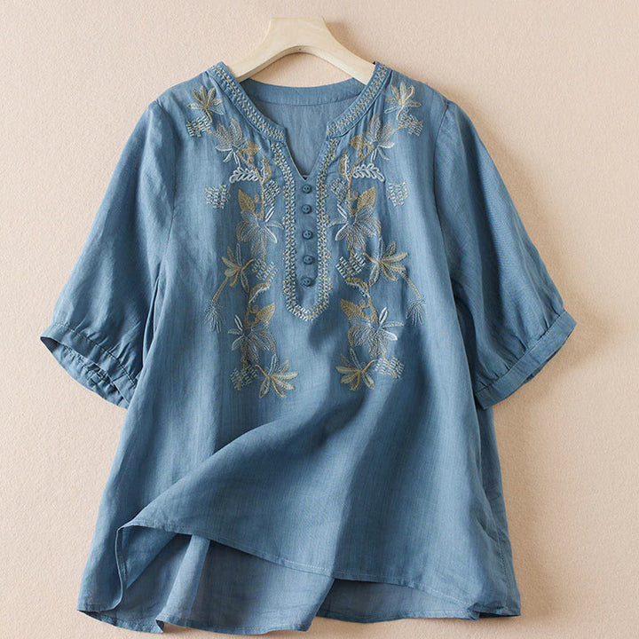 Buddha Stonesカジュアル 刺繍 植物 レディース Vネックデザイン 半袖 コットン混紡シャツ