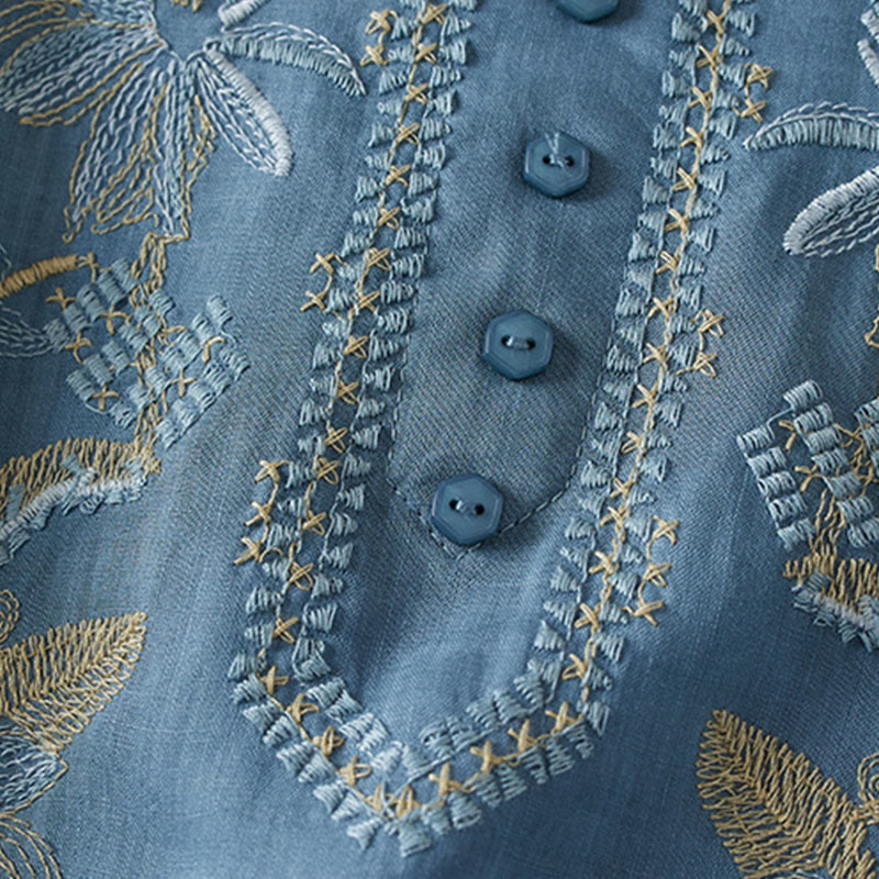 Buddha Stonesカジュアル 刺繍 植物 レディース Vネックデザイン 半袖 コットン混紡シャツ