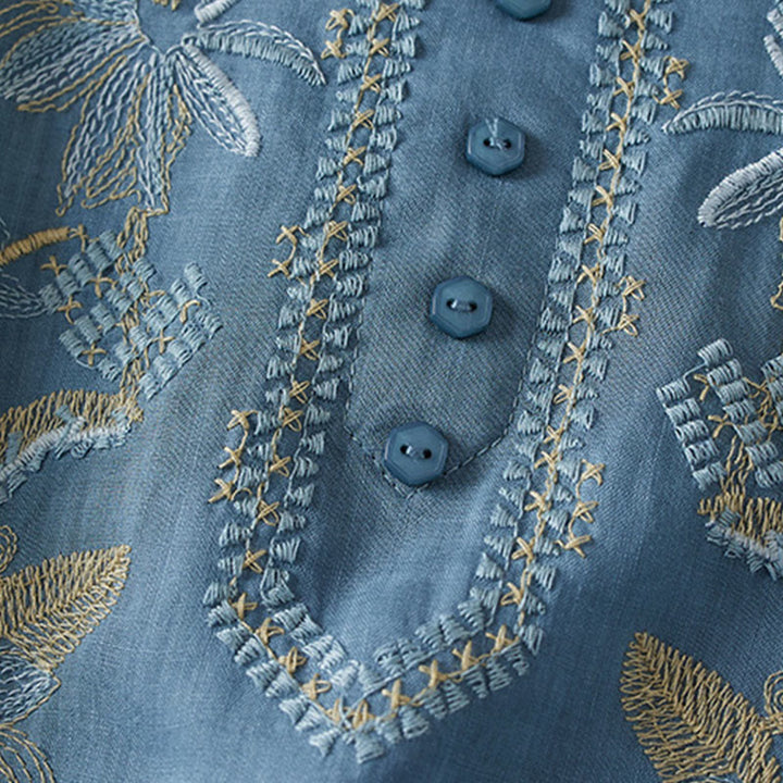 Buddha Stonesカジュアル 刺繍 植物 レディース Vネックデザイン 半袖 コットン混紡シャツ