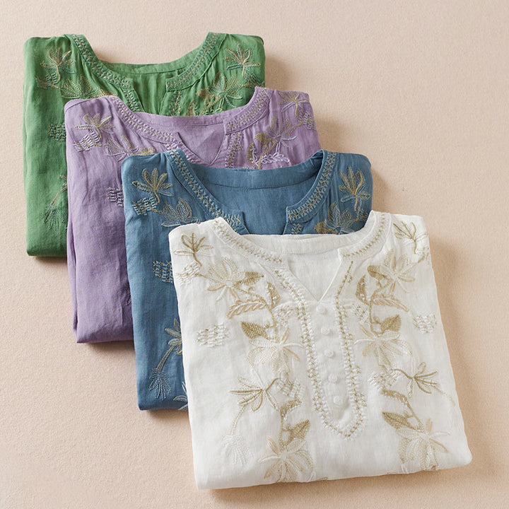 Buddha Stonesカジュアル 刺繍 植物 レディース Vネックデザイン 半袖 コットン混紡シャツ