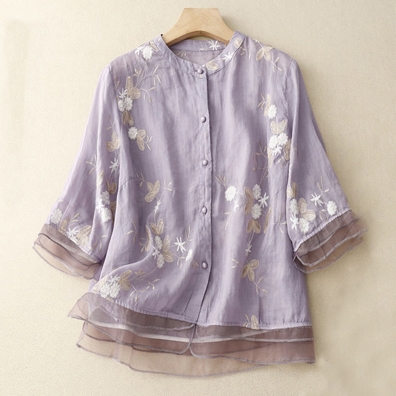 Buddha Stonesカジュアル刺繍の花びらスプライスオーガンザレディースクルーネックデザイン半袖コットンカーディガンシャツ - 梅 - US8-10，UK/AU12-14，EU40-42 (2XL) - image 1