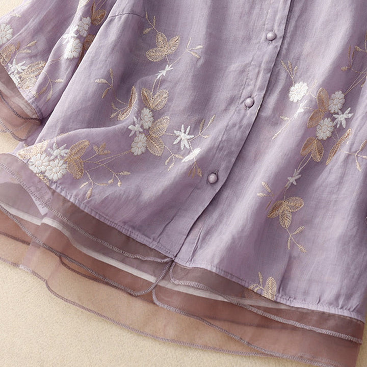 Buddha Stonesカジュアル刺繍の花びらスプライスオーガンザレディースクルーネックデザイン半袖コットンカーディガンシャツ - image 2