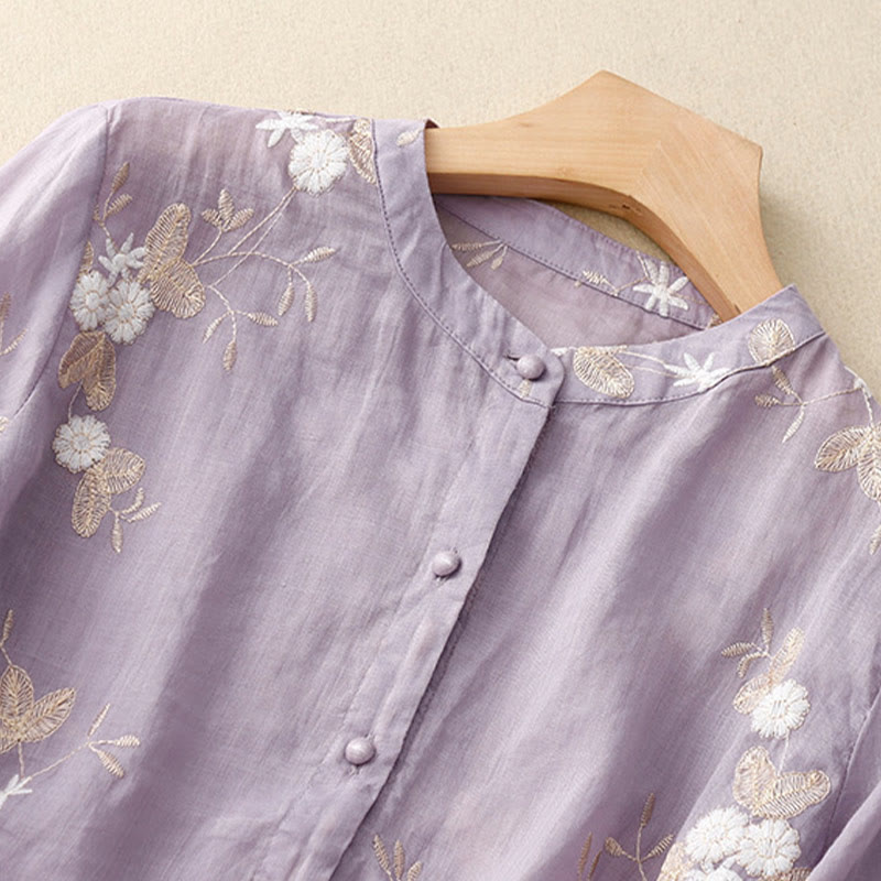 Buddha Stonesカジュアル刺繍の花びらスプライスオーガンザレディースクルーネックデザイン半袖コットンカーディガンシャツ - image 1