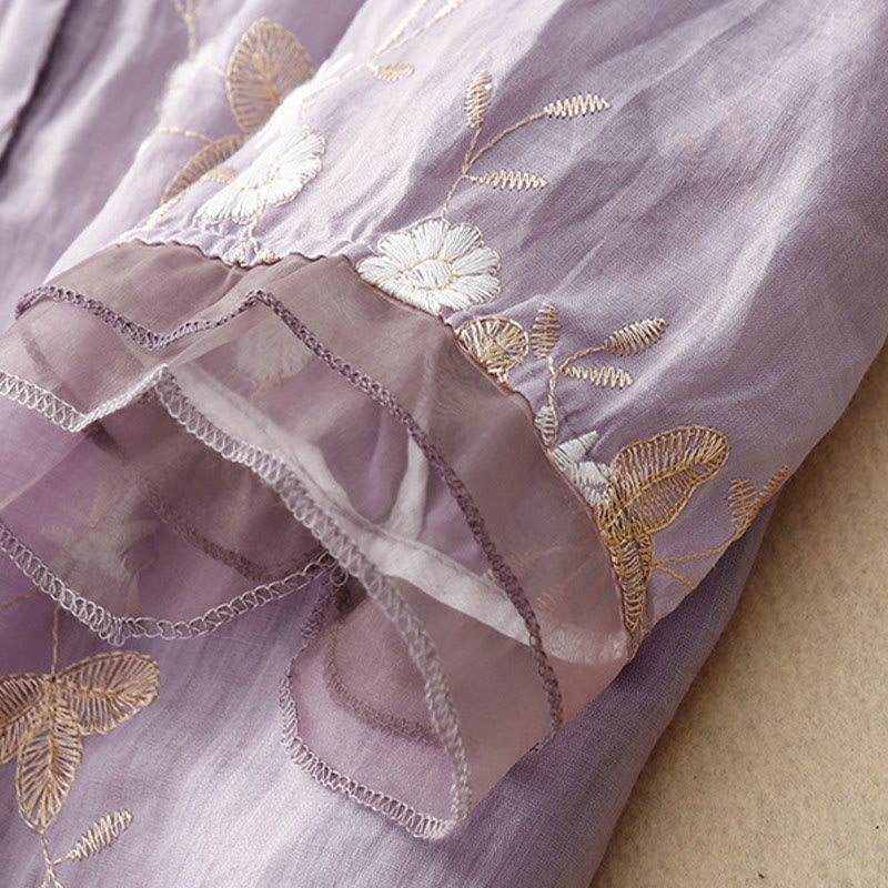 Buddha Stonesカジュアル刺繍の花びらスプライスオーガンザレディースクルーネックデザイン半袖コットンカーディガンシャツ - image 4