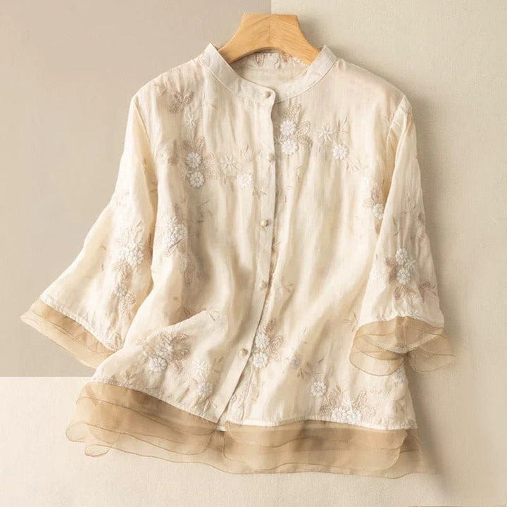 Buddha Stonesカジュアル刺繍の花びらスプライスオーガンザレディースクルーネックデザイン半袖コットンカーディガンシャツ - ライトイエロー - US8-10，UK/AU12-14，EU40-42 (2XL) - image 4