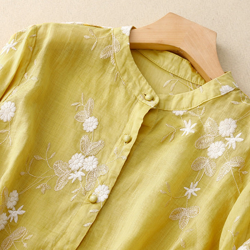 Buddha Stonesカジュアル刺繍の花びらスプライスオーガンザレディースクルーネックデザイン半袖コットンカーディガンシャツ - image 10