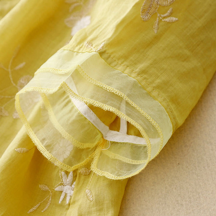 Buddha Stonesカジュアル刺繍の花びらスプライスオーガンザレディースクルーネックデザイン半袖コットンカーディガンシャツ - image 11