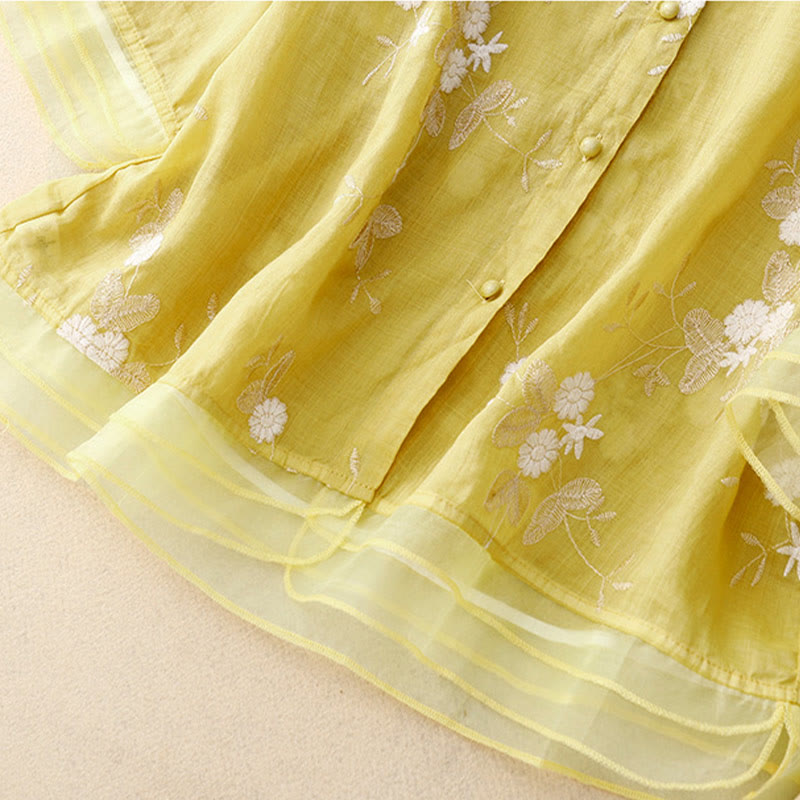 Buddha Stonesカジュアル刺繍の花びらスプライスオーガンザレディースクルーネックデザイン半袖コットンカーディガンシャツ - image 13