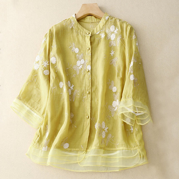 Buddha Stonesカジュアル刺繍の花びらスプライスオーガンザレディースクルーネックデザイン半袖コットンカーディガンシャツ - カーキ - US8-10，UK/AU12-14，EU40-42 (2XL) - image 9