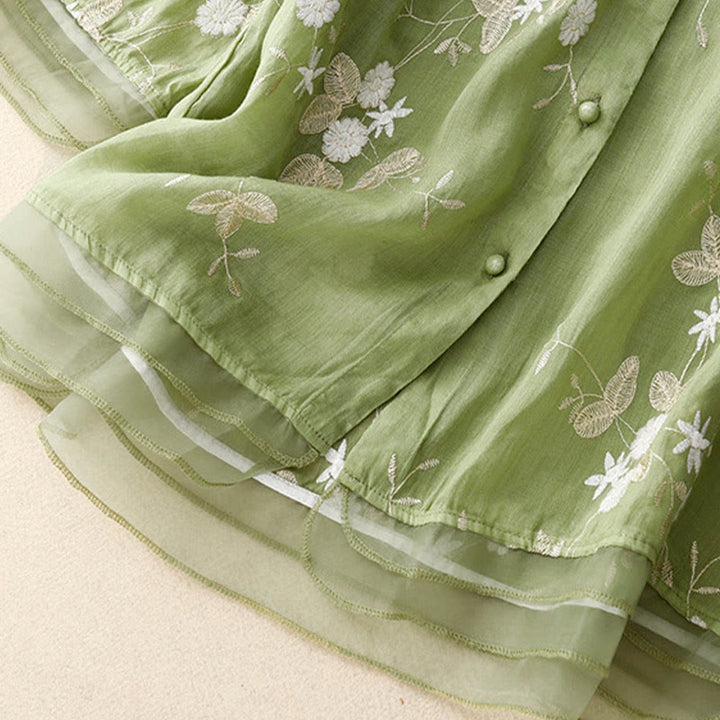 Buddha Stonesカジュアル刺繍の花びらスプライスオーガンザレディースクルーネックデザイン半袖コットンカーディガンシャツ - image 21