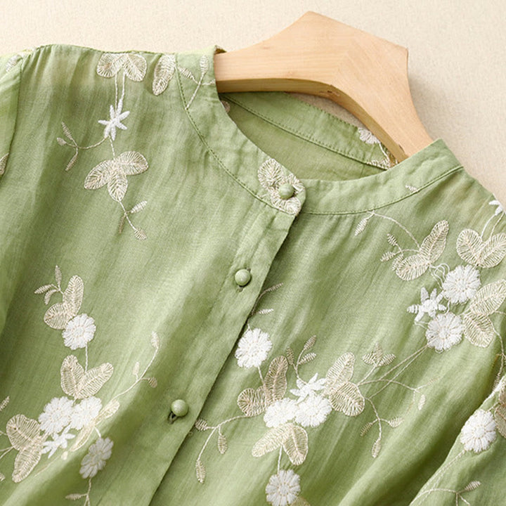 Buddha Stonesカジュアル刺繍の花びらスプライスオーガンザレディースクルーネックデザイン半袖コットンカーディガンシャツ - image 17