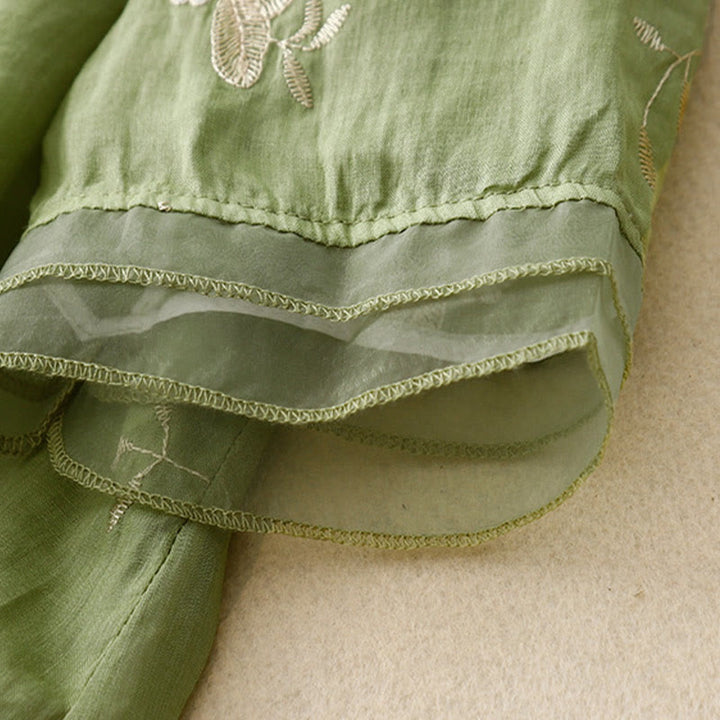 Buddha Stonesカジュアル刺繍の花びらスプライスオーガンザレディースクルーネックデザイン半袖コットンカーディガンシャツ - image 19