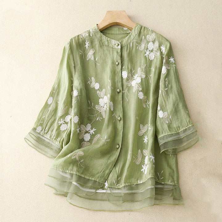 Buddha Stonesカジュアル刺繍の花びらスプライスオーガンザレディースクルーネックデザイン半袖コットンカーディガンシャツ - ライトグリーン - US8-10，UK/AU12-14，EU40-42 (2XL) - image 15