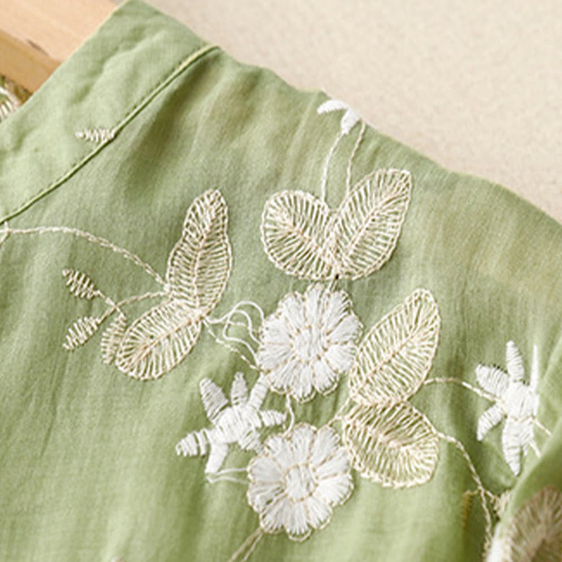 Buddha Stonesカジュアル刺繍の花びらスプライスオーガンザレディースクルーネックデザイン半袖コットンカーディガンシャツ - image 17