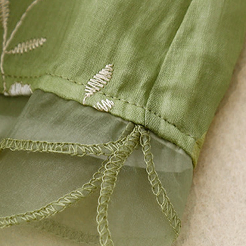 Buddha Stonesカジュアル刺繍の花びらスプライスオーガンザレディースクルーネックデザイン半袖コットンカーディガンシャツ - image 18