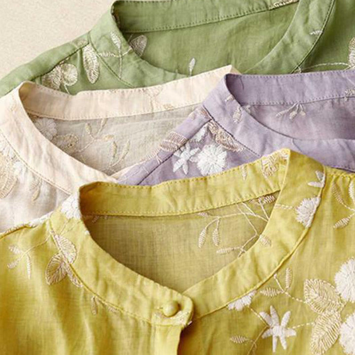 Buddha Stonesカジュアル刺繍の花びらスプライスオーガンザレディースクルーネックデザイン半袖コットンカーディガンシャツ - image 21