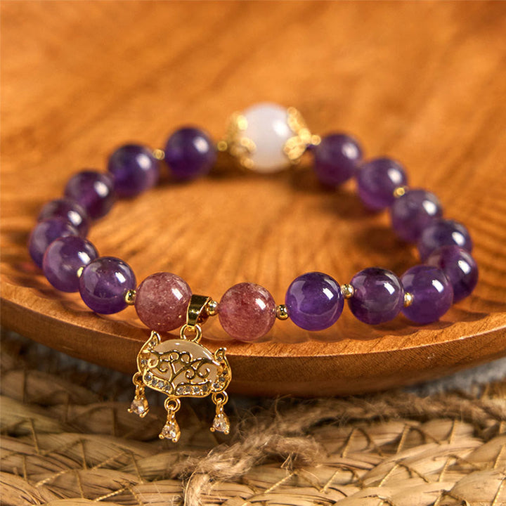 Buddha Stones天然アメジスト ストロベリークォーツ ピースロックチャーム ポジティブブレスレット