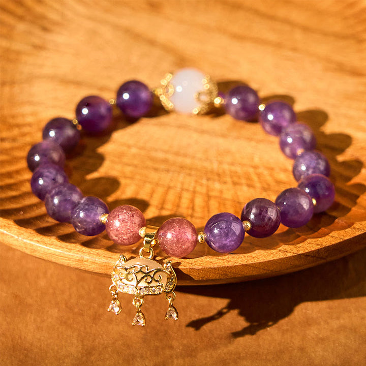 Buddha Stones天然アメジスト ストロベリークォーツ ピースロックチャーム ポジティブブレスレット