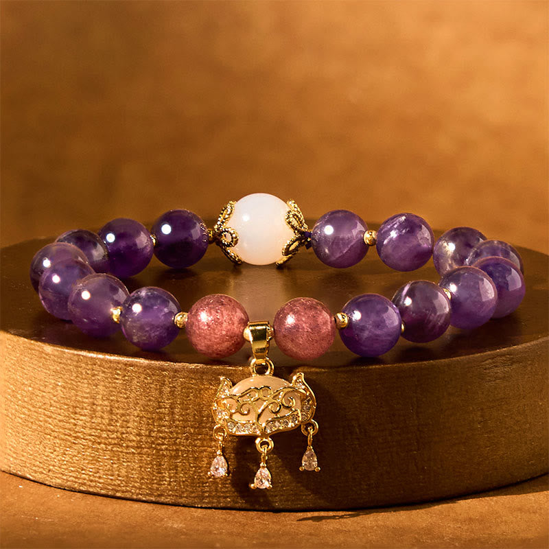 Buddha Stones天然アメジスト ストロベリークォーツ ピースロックチャーム ポジティブブレスレット