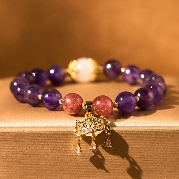 Buddha Stones天然アメジスト ストロベリークォーツ ピースロックチャーム ポジティブブレスレット