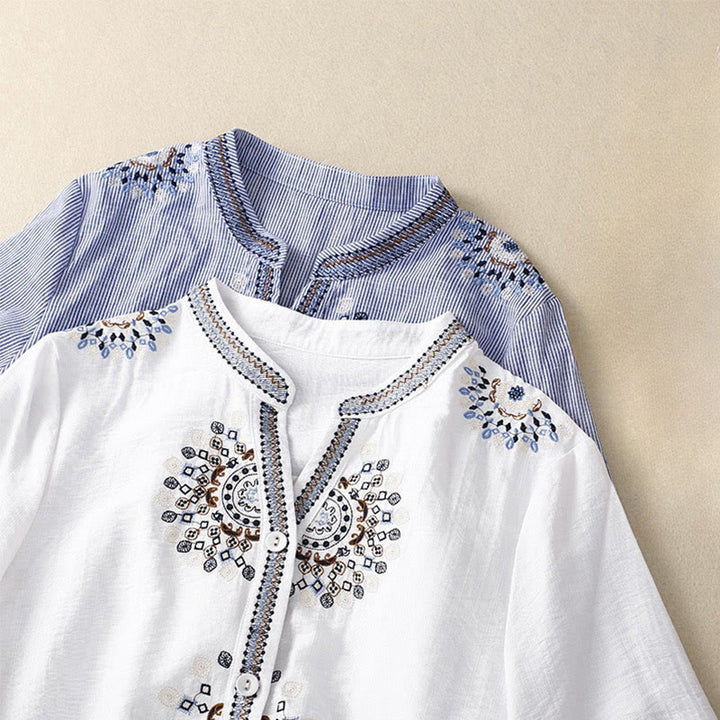 Buddha Stonesカジュアル レディース ボヘミア 刺繍 花 Vネックデザイン 半袖 コットンリネン シャツ - image 9