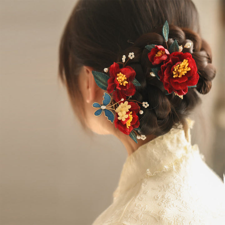 Buddha Stones中国風 赤い椿 蝶 ヘアクリップ ヘアコーム ヘアピン バレッタ アクセサリー