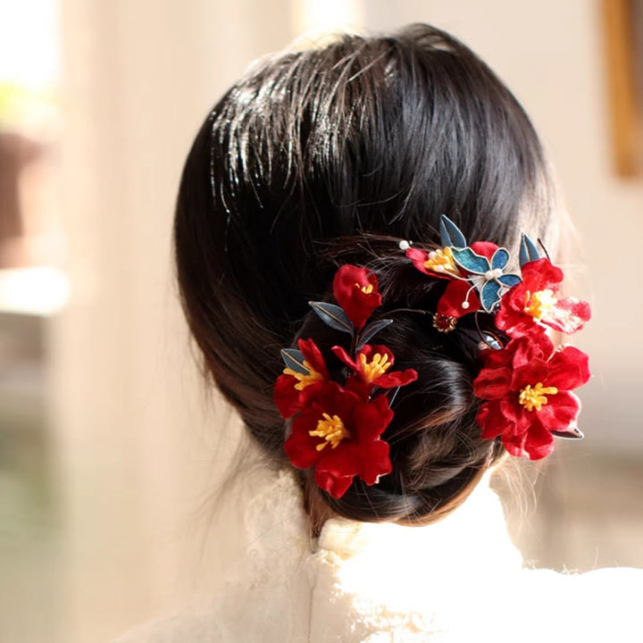 Buddha Stones中国製 ウェディング 赤い花 蝶 ヘアコーム ヘアピン バレッタ