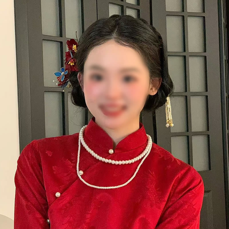 Buddha Stones中国製 ウェディング 赤い花 蝶 ヘアコーム ヘアピン バレッタ