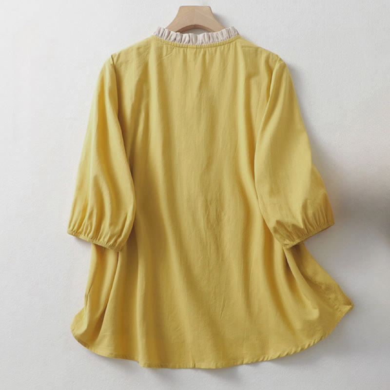 Buddha Stonesカジュアル 無地 フロッグボタン レディース フリルカラーデザイン 半袖 コットンリネンシャツ - image 1