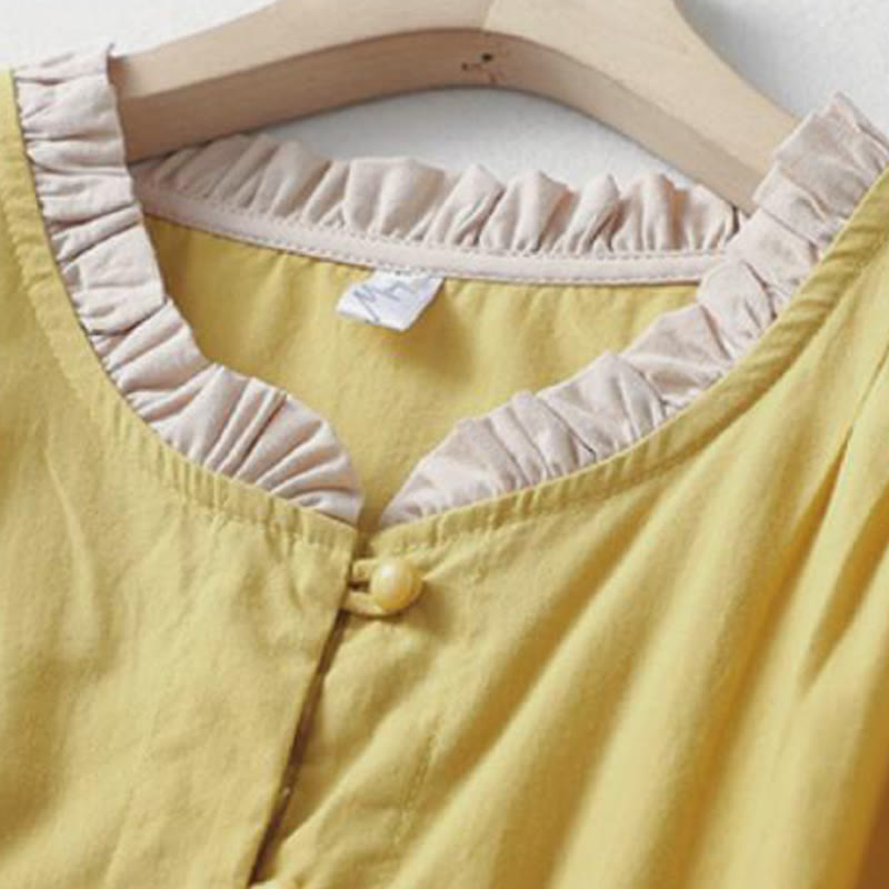 Buddha Stonesカジュアル 無地 フロッグボタン レディース フリルカラーデザイン 半袖 コットンリネンシャツ - image 2