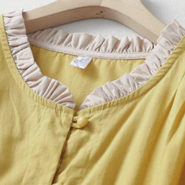 Buddha Stonesカジュアル 無地 フロッグボタン レディース フリルカラーデザイン 半袖 コットンリネンシャツ - image 2