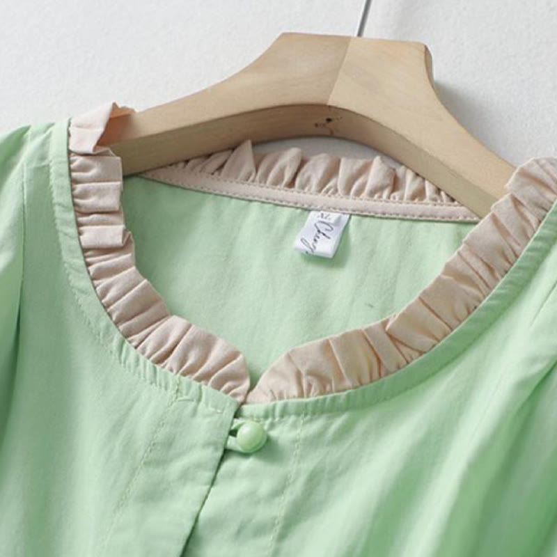 Buddha Stonesカジュアル 無地 フロッグボタン レディース フリルカラーデザイン 半袖 コットンリネンシャツ - image 14