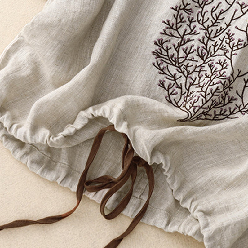 Buddha Stonesカジュアル刺繍ツリードローストリングレディースクルーネックデザイン半袖コットンリネンTシャツ - image 4