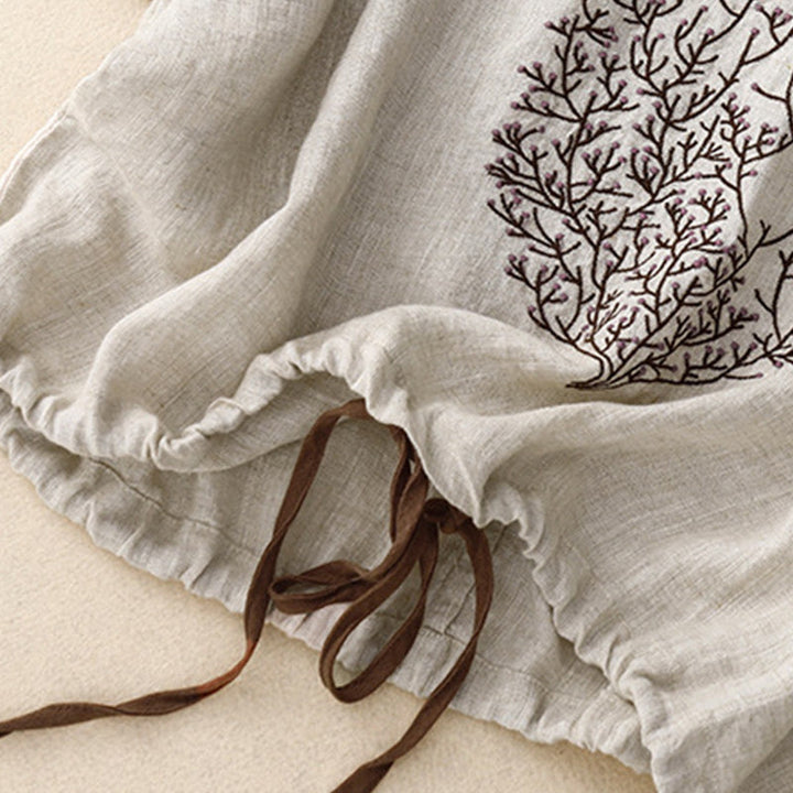 Buddha Stonesカジュアル刺繍ツリードローストリングレディースクルーネックデザイン半袖コットンリネンTシャツ - image 4