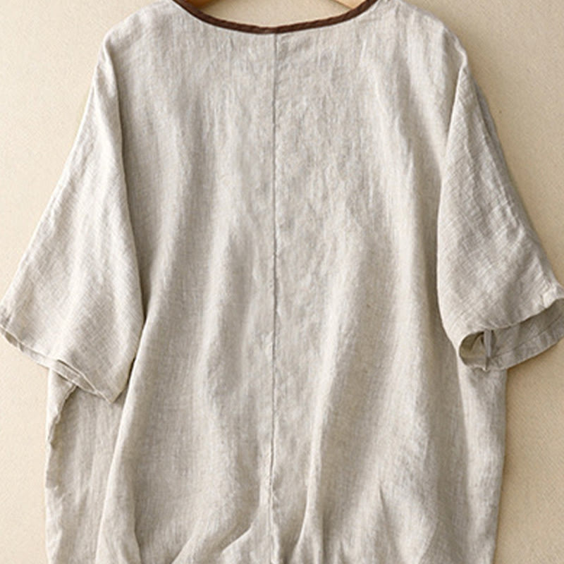 Buddha Stonesカジュアル刺繍ツリードローストリングレディースクルーネックデザイン半袖コットンリネンTシャツ - image 2